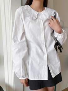 DAZY Lantern Sleeve Eyelet Embroidered Statement Collar Blouse,Long Sleeve Tops,Fall Clothes Preppy Tops - White - View 2