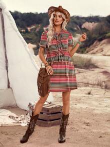 LanaWest Women's Casual Puff Sleeve Striped Bowknot Mini Dress (Random Cut) - Multicolor - View 4