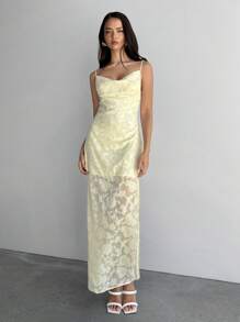 Aloruh Robe longue dos nu à fleurs en dentelle avec col drapé, jaune clair, pour femme. Convient pour les mariages, les vacances et les sorties. Style printemps et été. - Jaune citron - Voir 7