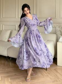 DAZY V-Neck Floral Print Midi Ruffled Hem Dress For Women Elegant,Fall Dress Long Sleeve Dress Easter - Purple - View 8