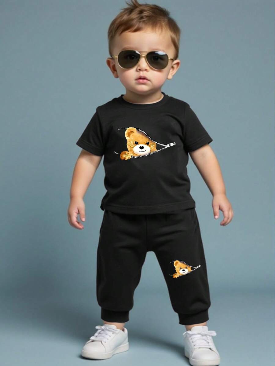SHEIN Playful Pals 男婴拉链熊印花休闲圆领短袖 T 恤和长裤套装，夏季 - 黑色 - 查看 1
