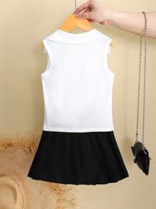 Set de 2 piezas: Chaleco con cuello de lazo 3D y falda plisada, conjunto adecuado para el estilo escolar de verano para niña joven