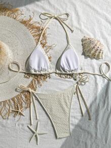 Swim Vcay 2pcs/Set Elegant Women's Knitted Bikini Set For Party, Beach, With Metallic Chain And Shell Texture, No Steel Rings, Summer - White - View 2