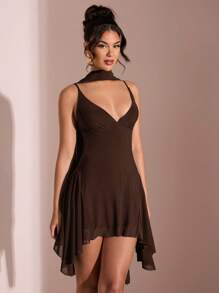 SHEIN BAE Summer Beach Vacation Elegant Solid Black Deep V-Neck Ribbon Mini Dress, Suitable For Daily Dating, Night Out, Nightclubs, Parties, Get-Togethers, Cocktail Parties, Holiday Jumpsuits, Pool Parties, Office Wear, Commuter Dresses,Valentine's Day,Valentine Outfits For Women - Coffee Brown - View 3
