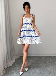 Chiquease 女士蓝色热带花卉迷你连衣裙 - 藍白色 - 查看 4