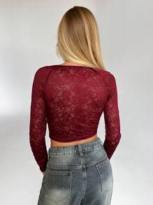 Aloruh Women's Spring Tops Elegant Fashion Business Commuting Casual Street Daily Wear Solid Color Knitted T-Shirt Simple Basic Style Wine Red T-Shirt Angora Red Lace Stitching Tops Translucent Long Sleeves Square Neck T-Shirts Going Out Tops,Business Casual Woman ,Modest,Office Outfits For Women,Work Tops