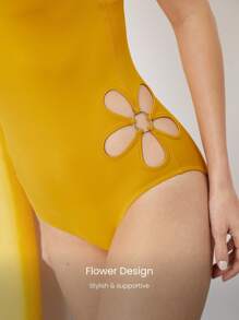 GLOWMODE X Nature Dream Bali Quick-Dry Flower Cutout Chlorine-Resistant Lining Thong One-Piece Swimsuit Summer Swimming Beach Vacation Holiday Wear Removable Cups - Mustard Yellow - View 4