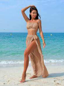 Swim Vcay 2 件套女士海滩夏季抹胸和罩衫套装 - 卡其色 - 查看 6