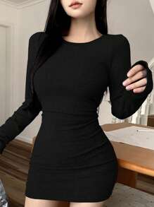 DAZY فستان قصير للنساء للعودة إلى المدرسة، فستان ميني، فستان خريفي بأكمام طويلة رمضان - الأسود - مشاهدة 1