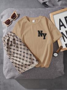 SHEIN Tween Boys Letter Print Casual T-Shirt & Shorts Set, Suitable For Summer - Khaki - View 1