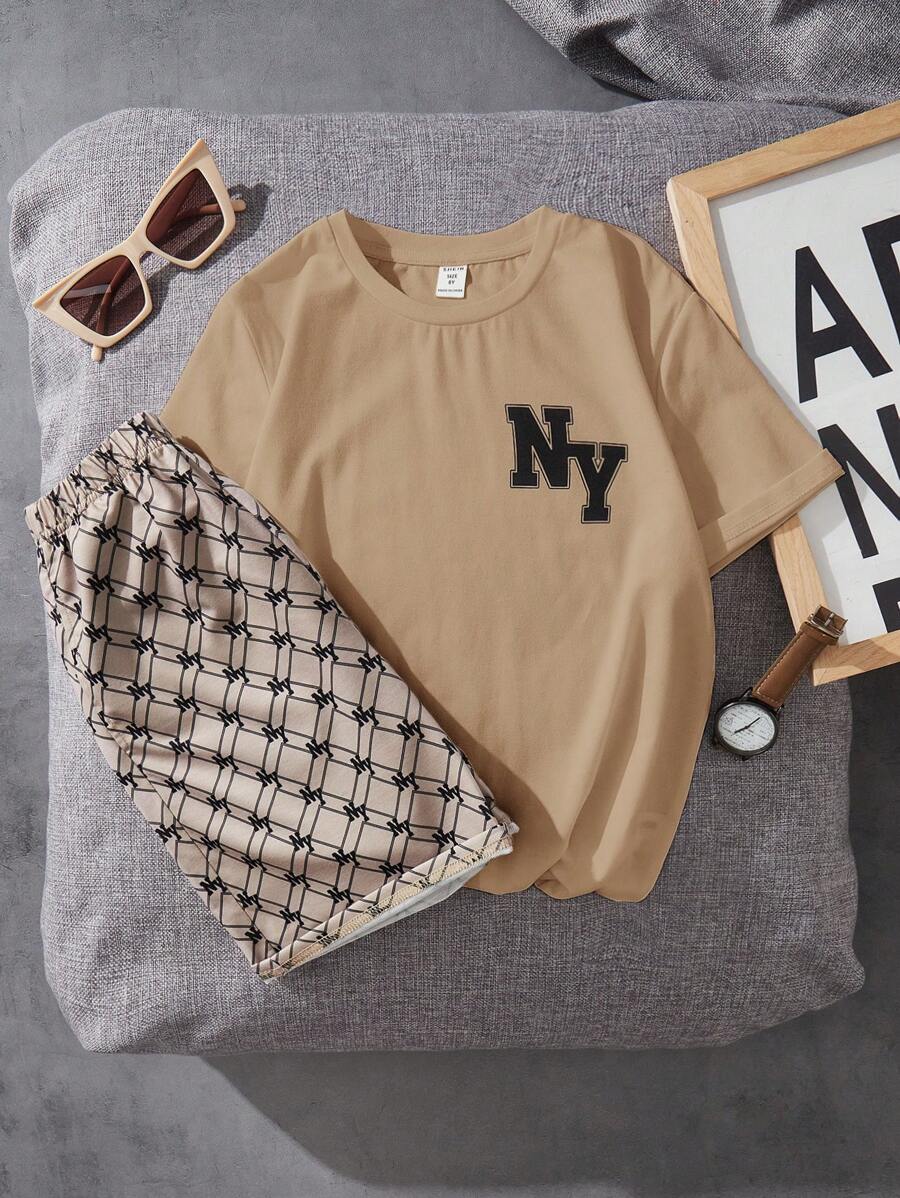SHEIN Tween Boys Letter Print Casual T-Shirt & Shorts Set, Suitable For Summer - Khaki - View 1