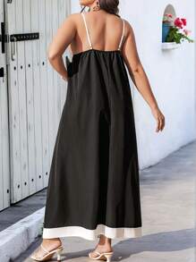 SHEIN Clasi 大码女式 V 领细肩带黑白蕾丝拼接 A 字形连衣裙，适合复活节、音乐节和夏季的修身款式 - 黑色 - 查看 2