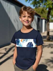 SHEIN Tween Boys' Summer Casual Tropical Print Knit Short Sleeve Round Neck T-Shirt - Navy Blue - View 5