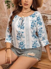 SHEIN LUNE Blusa de talla grande para mujer con cuello de lazo, manga 3/4 y estampado floral tejido, para el Día de San Valentín, conjuntos de verano para mujer, Día de San Patricio, atuendos para rave, festivales, vacaciones de primavera, estilo bohemio