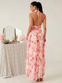 Enchnt Vestido largo con cuello halter sin espalda, volantes y estampado floral romántico de mujer elegante para primavera/verano, ideal para vacaciones, citas dulces y temporada de graduación. Vestidos elegantes de mujer y vestidos de verano