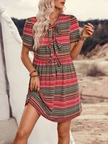 LanaWest Women's Casual Puff Sleeve Striped Bowknot Mini Dress (Random Cut) - Multicolor - View 5