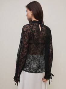 BizChic 女士黑色优雅蕾丝立领长袖衬衫，适合约会或休闲穿着，春夏季 - 黑色 - 查看 6