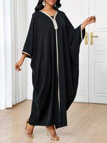 SHEIN Lady Women's Elegant Black Burqa Dress With Gold Webbing Detail - Black - View 3