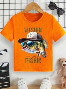 SHEIN Young Boy Funny Cool Sunglasses 3D Fish Graphic Casual Street Style Printed Comfortable T-Shirt, Suitable For Summer Outdoor Sports - Orange - View 1