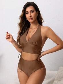 Swim Lushoire Versatile Adjustable Drawstring Women's Swimwear Set - Brown - View 4