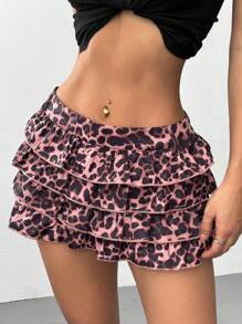 Flirla Moda de primăvară și vară 2025 pentru femei, sexy, jucăușă, cu talie ultra joasă, cu imprimeu de leopard, fustă scurtă cu volane - Multicolor - Vizualizare 1