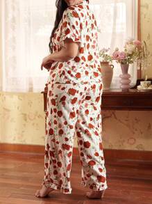 Conjunto de pijama de manga corta y pantalón largo con estampado de rosas en tallas grandes