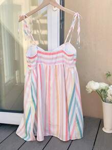 Comfortcana Bohemian Multicolor Striped Mini Slip Dress, Summer Resort Wear - Multicolor - View 2