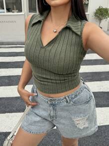 SHEIN EZwear Débardeur femme vert grande taille sans manches avec col châle