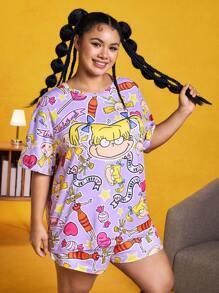 Nick 90s X SHEIN Conjunto de pijama de top de manga corta con estampado de retrato de dibujos animados y pantalones cortos para tallas grandes
