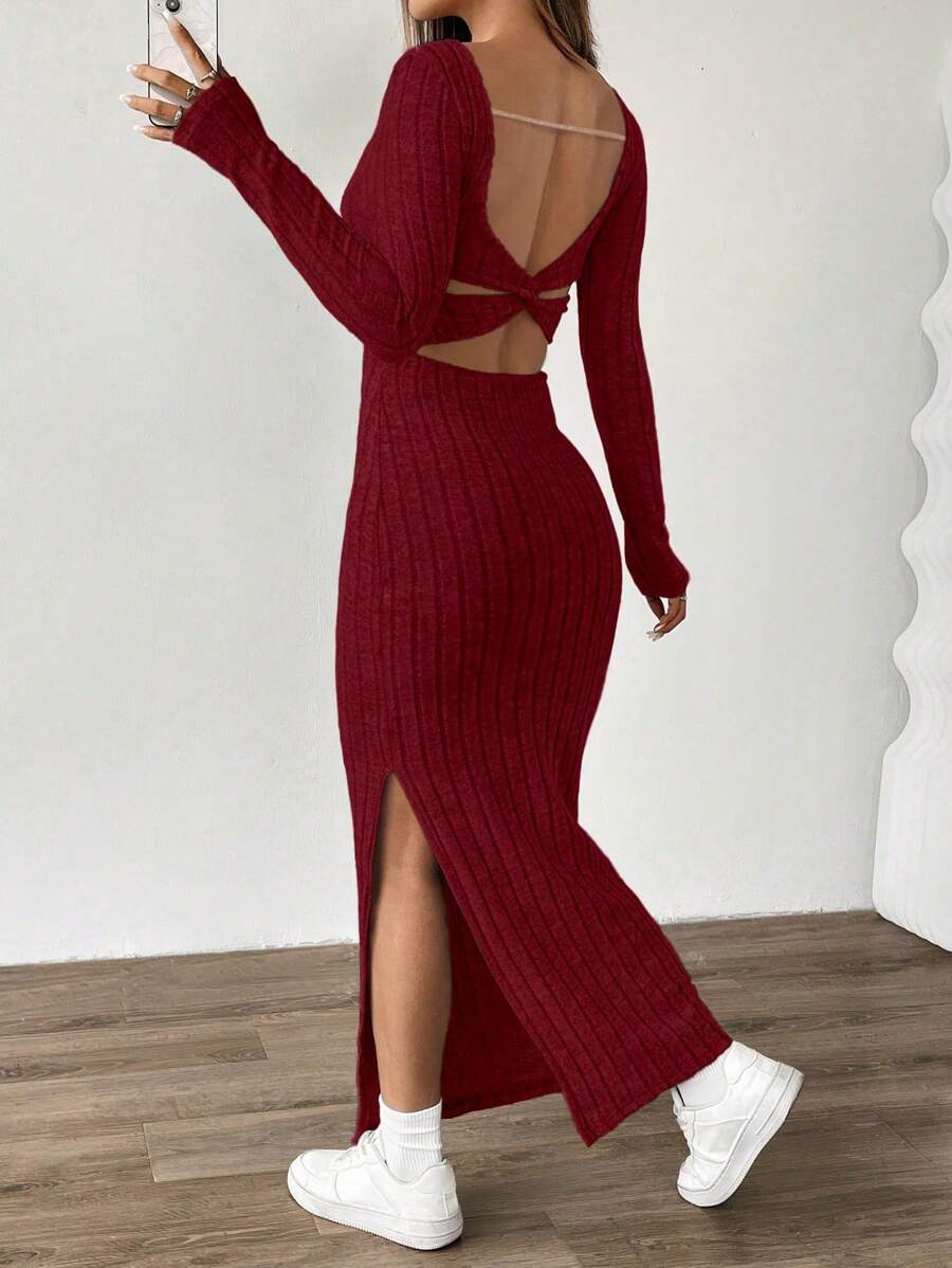 INAWLY 秋季性感露背修身侧开衩长款连衣裙 - 酒紅色 - 查看 1