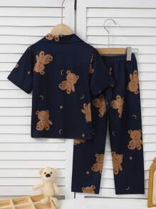 SHEIN Young Girl' 2pcs Set Apricot Casual & Comfy T-Shirt With Bear Print And Long Pants Home Outfit - Navy Blue - View 2