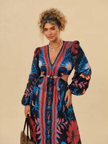 Travachic Plus Size Floral Print Waist Cutout Lantern Sleeve Dress, Suitable For Vacation - Multicolor - View 3