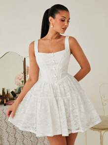 Enchnt 女士优雅纯色蕾丝蝴蝶结装饰连衣裙 - 白色 - 查看 6