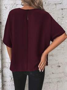 Flexra Women's Solid Color Round Neck Batwing Sleeve Side Knot Casual Blouse - Burgundy - View 2