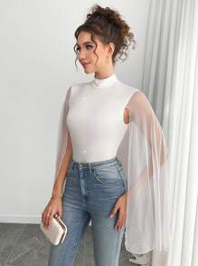 Islaluna 亮片对比网眼开衩高领紧身衣，派对装