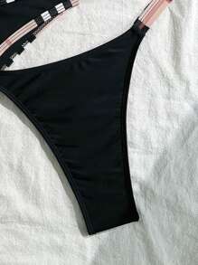 Swim Vcay 3pcs/Set Color Block Black Bikini Set For Women, Suitable For Spa, Vacation, Swimming For Summer