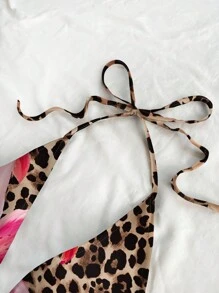 Soleia Damski swobodny top typu halter z wiązaniem na szyi i odkrytymi plecami, odpowiedni na lato, z nadrukiem w panterkę i kwiatowym wzorem