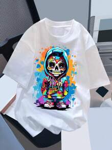 SHEIN Tween Boys' Casual Cartoon Skull Pattern Short Sleeve T-Shirt, Summer