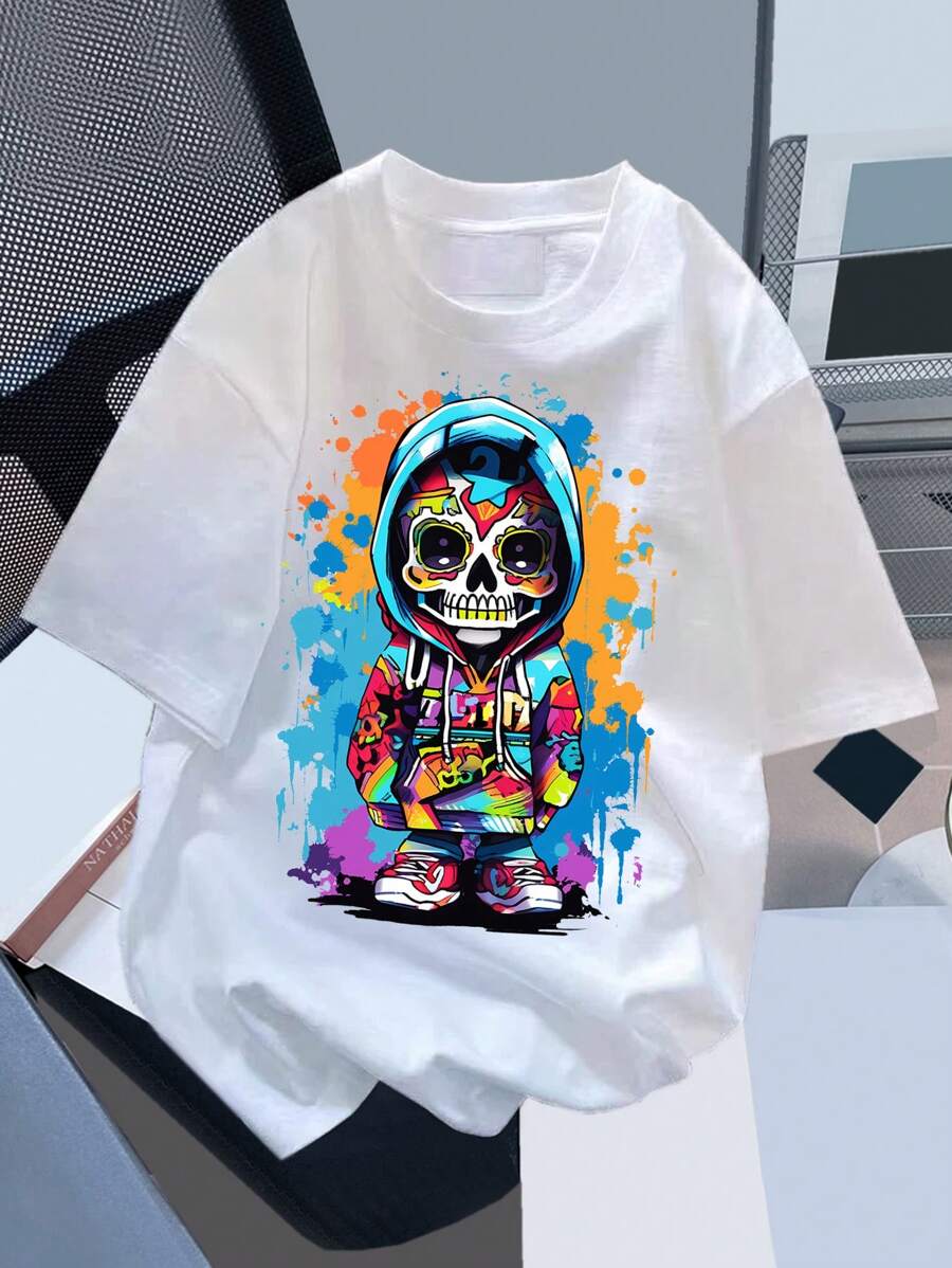 SHEIN Tween Boys' Casual Cartoon Skull Pattern Short Sleeve T-Shirt, Summer