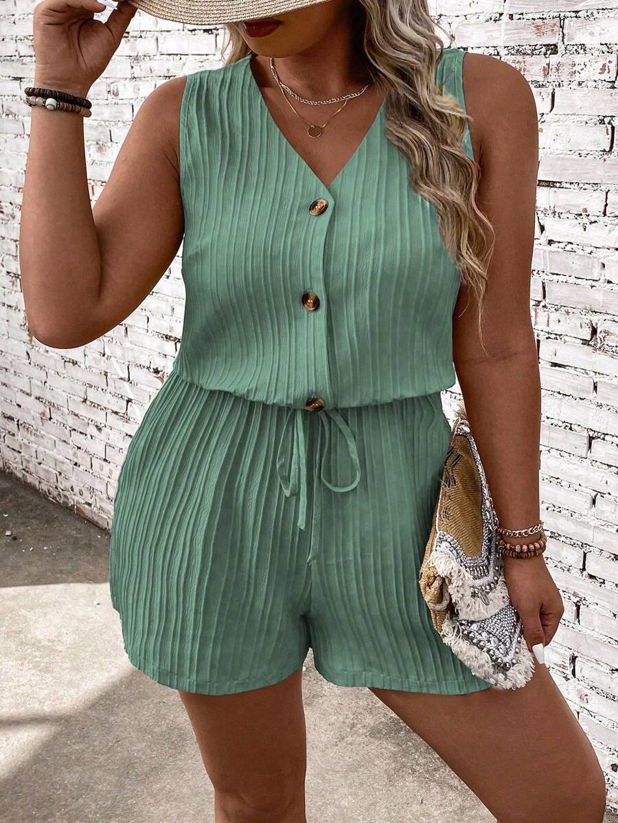 SHEIN LUNE Mono casual de talla grande sin mangas de unicolor - Verde - Ver 1
