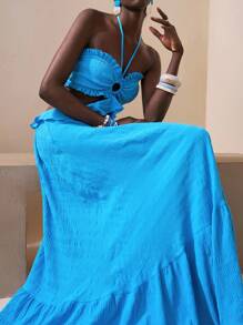 Zivah Spring/Summer New Women Casual Sleeveless Backless Hollow Out Cutout Lace Up Midi Dress, Suitable For Music Festival, Easter, Nashville, Birthday Party, Graduation, Student, Everyday Casual, Vacation, Cruise Travel, Beach, Sunbathing - Blue - View 3