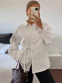 Livesso Camicetta casual in denim monopetto con laccio laterale per donna