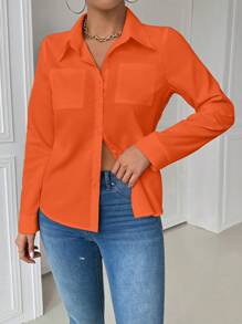 SHEIN Essnce Damen Lässige mit Kragen und Tasche taillierte weiße Langarmbluse