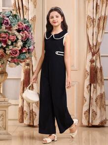 Tween Girl Ruffled Collar Sleeveless Wide Leg Fashionable Jumpsuit - Blue - View 5