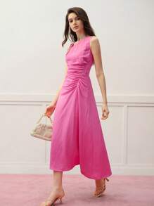 MOTF PREMIUM RUCHED ASYMMETRICAL NECK MIDI DRESS - Hot Pink - View 3