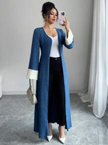 Yasmyna Women's Woven Long Sleeve Dual Color Splice Tie Waist Open Front Arabian Abaya, Modest Robe - Blue - View 4