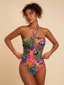 Travachic Tropical Print Halter One-Piece Swimsuit For Vacation Beach - Navy Blue - View 3