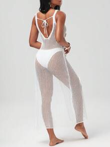 Vestido de praia longo sem mangas com estampa floral de crochê feito à mão feminino com fenda lateral alta, férias de verão - Branco - Ver 2