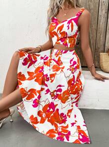 Breezaya Set de 2 piezas de camiseta corta y minifalda con estampado de plantas, conjunto de vacaciones para mujer