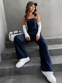 SHEIN Unity Women's Casual Versatile Solid Color Suspender Pants - Navy Blue - View 4
